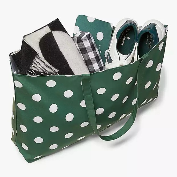 Kate Spade Large Dot Tote: Deep Jade - Foldable Canvas Shopping or Beach Bag - Picture 1 of 4